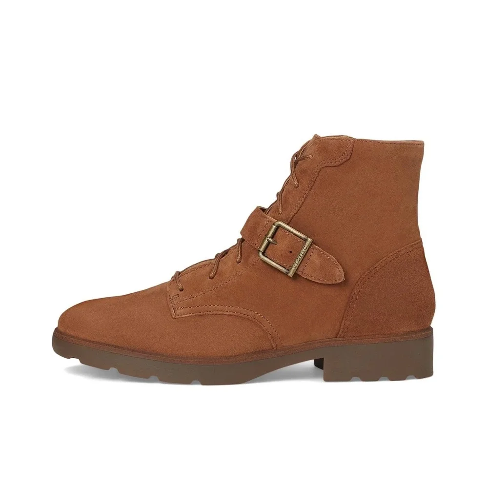 Vionic Catina Women 10 Wide Tobacco Suede Lace Up Side Zip Combat Ankle Boots